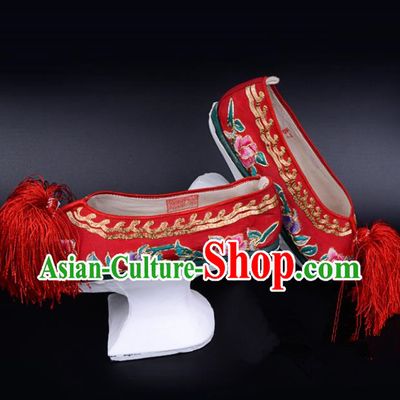 Professional Chinese Beijing Opera Shoes Ancient Qing Dynasty Princess Red Embroidered Shoes for Women