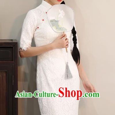 Chinese National Costume Traditional Classical Cheongsam White Lace Qipao Dress for Women