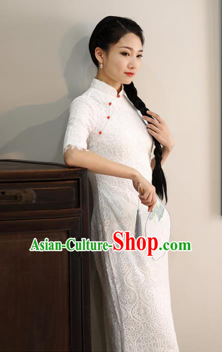 Chinese National Costume Traditional Classical Cheongsam White Lace Qipao Dress for Women Chinese National Costume Traditional Classical Cheongsam White Lace Qipao Dress for Women