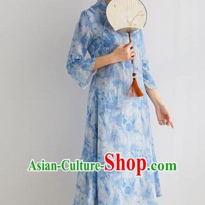 Chinese National Costume Traditional Classical Cheongsam Printing Blue Qipao Dress for Women