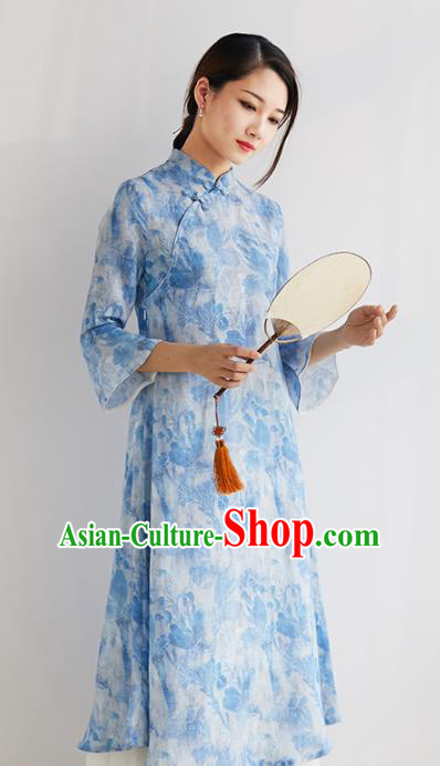 Chinese National Costume Traditional Classical Cheongsam Printing Blue Qipao Dress for Women Chinese National Costume Traditional Classical Cheongsam Printing Blue Qipao Dress for Women