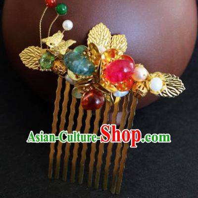 Chinese Ancient Handmade Golden Leaf Hair Comb Traditional Classical Hair Accessories for Women