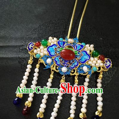 Chinese Ancient Handmade Blueing Agate Tassel Hairpins Traditional Classical Hair Accessories for Women