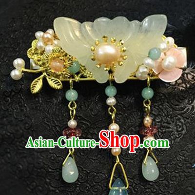 Chinese Ancient Handmade Jade Butterfly Tassel Hair Comb Traditional Classical Hair Accessories for Women