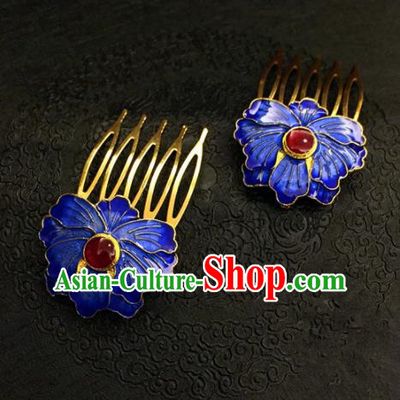 Chinese Ancient Handmade Palace Blueing Peony Hair Comb Traditional Classical Hair Accessories for Women