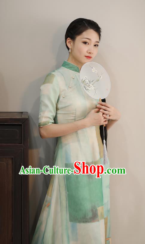 Chinese National Costume Traditional Classical Cheongsam Printing Green Qipao Dress for Women Chinese National Costume Traditional Classical Cheongsam Printing Green Qipao Dress for Women