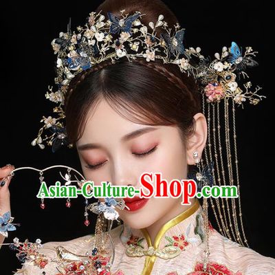 Chinese Ancient Handmade Blue Butterfly Phoenix Coronet Bride Hairpins Traditional Classical Wedding Hair Accessories for Women