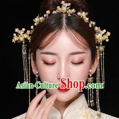 Chinese Ancient Handmade Golden Hair Clasp Bride Hairpins Traditional Classical Wedding Hair Accessories for Women