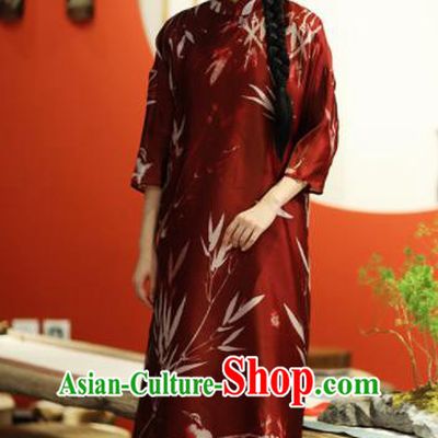 Chinese National Costume Traditional Cheongsam Classical Printing Bamboo Red Qipao Dress for Women