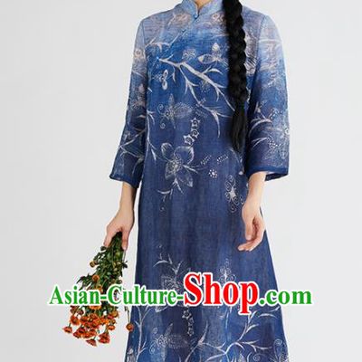 Chinese National Costume Traditional Cheongsam Classical Printing Navy Qipao Dress for Women