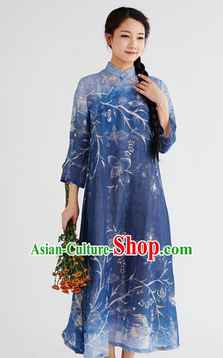 Chinese National Costume Traditional Cheongsam Classical Printing Navy Qipao Dress for Women Chinese National Costume Traditional Cheongsam Classical Printing Navy Qipao Dress for Women