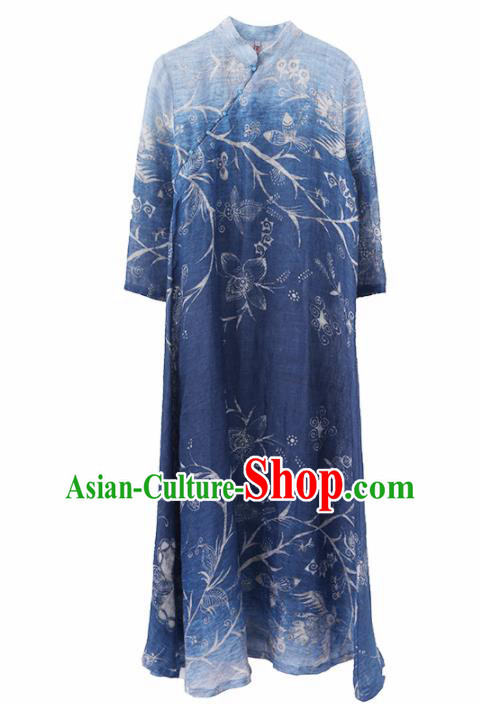 Chinese National Costume Traditional Cheongsam Classical Printing Navy Qipao Dress for Women Chinese National Costume Traditional Cheongsam Classical Printing Navy Qipao Dress for Women