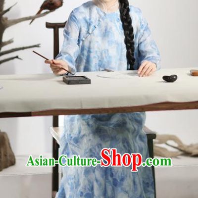 Chinese National Costume Traditional Cheongsam Classical Printing Light Blue Qipao Dress for Women