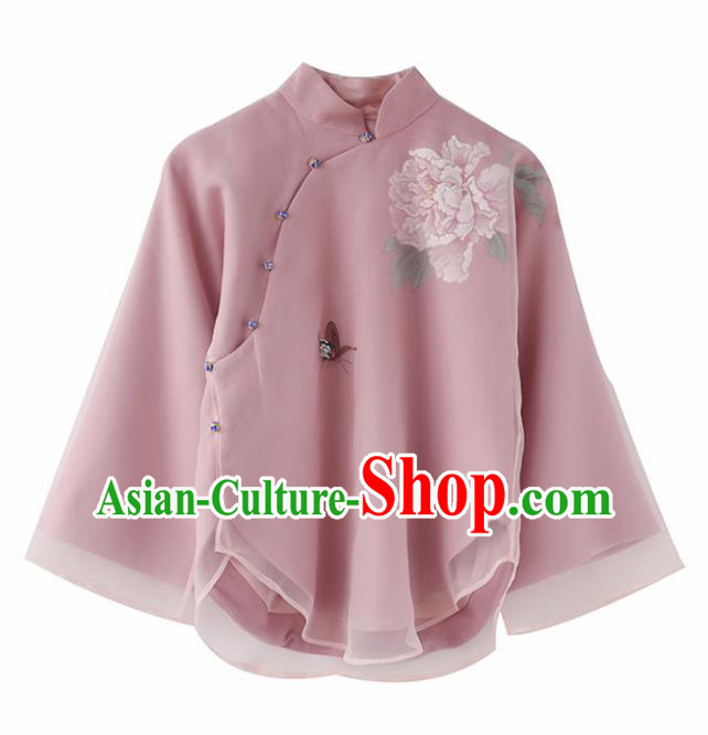 Chinese National Costume Traditional Classical Cheongsam Printing Peony Pink Blouse for Women Chinese National Costume Traditional Classical Cheongsam Printing Peony Pink Blouse for Women