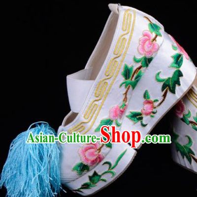 Professional Chinese Beijing Opera Shoes Ancient Princess White Embroidered Shoes for Women