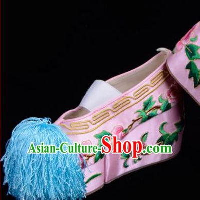 Professional Chinese Beijing Opera Shoes Ancient Princess Pink Embroidered Shoes for Women
