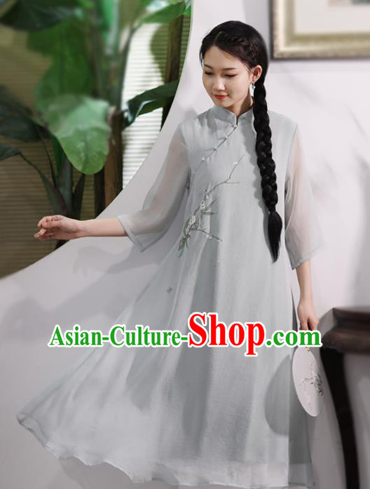 Chinese National Costume Traditional Cheongsam Classical Printing Plum Blossom Qipao Dress for Women