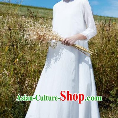 Chinese National Costume Traditional Cheongsam Classical White Linen Qipao Dress for Women