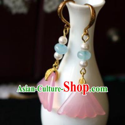 Chinese Ancient Traditional Handmade Pink Fan Earrings Classical Ear Accessories for Women
