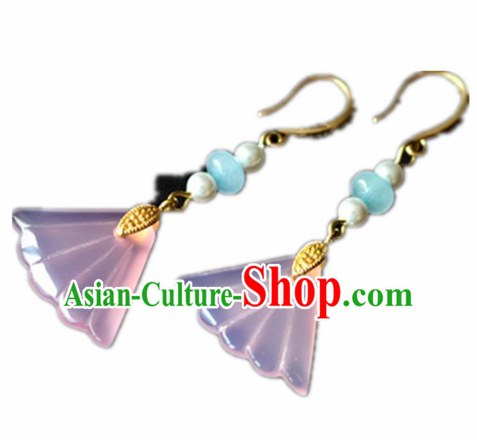 Chinese Ancient Traditional Handmade Pink Fan Earrings Classical Ear Accessories for Women Chinese Ancient Traditional Handmade Pink Fan Earrings Classical Ear Accessories for Women
