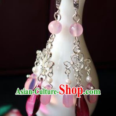 Chinese Ancient Traditional Handmade Pink Coloured Glaze Earrings Classical Ear Accessories for Women