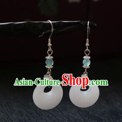 Chinese Ancient Traditional Handmade White Jade Earrings Classical Ear Accessories for Women