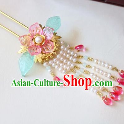 Chinese Ancient Handmade Pink Cherry Blossom Tassel Hairpins Traditional Classical Hair Accessories for Women