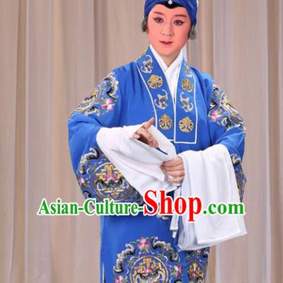 Professional Chinese Traditional Beijing Opera Old Female Costume Embroidered Blue Dress for Adults