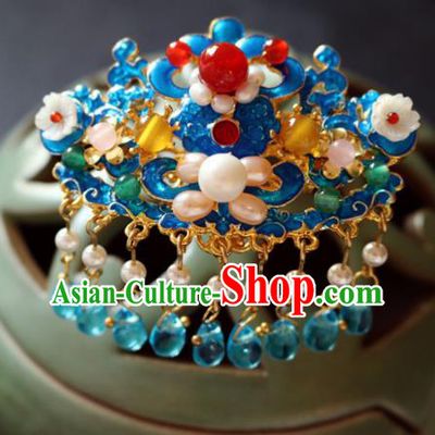Chinese Ancient Handmade Cloisonne Pearls Hair Crown Hairpins Traditional Classical Hair Accessories for Women