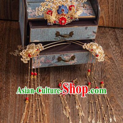 Chinese Ancient Handmade Pine Hair Crown Bride Tassel Hairpins Traditional Classical Wedding Hair Accessories for Women
