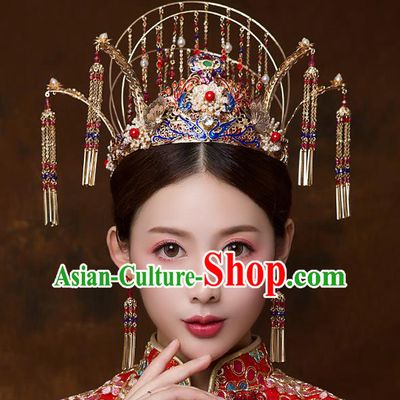 Chinese Ancient Handmade Blueing Phoenix Coronet Bride Tassel Hairpins Traditional Classical Wedding Hair Accessories for Women