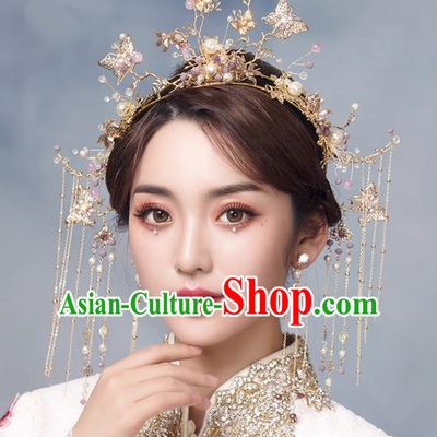 Chinese Ancient Crystal Butterfly Phoenix Coronet Bride Hairpins Traditional Wedding Hair Accessories for Women