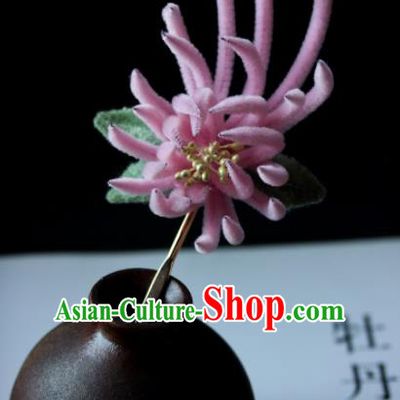 Top Grade Chinese Ancient Palace Pink Velvet Chrysanthemum Hairpins Traditional Hair Accessories Headdress for Women
