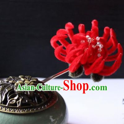 Top Grade Chinese Ancient Palace Red Velvet Chrysanthemum Hairpins Traditional Hair Accessories Headdress for Women