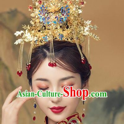 Chinese Ancient Bride Golden Phoenix Coronet Hairpins Traditional Wedding Hair Accessories for Women