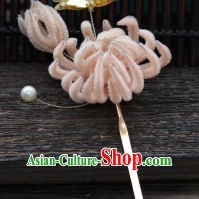 Top Grade Chinese Ancient Palace Queen Pink Velvet Chrysanthemum Dragonfly Hairpins Traditional Hair Accessories Headdress for Women