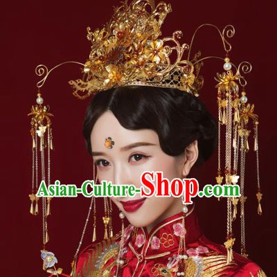 Top Grade Chinese Ancient Queen Golden Phoenix Coronet Hairpins Traditional Hair Accessories Headdress for Women