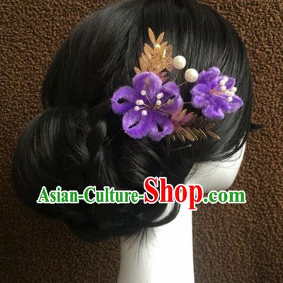 Top Grade Chinese Ancient Queen Purple Velvet Flower Hairpins Traditional Hair Accessories Headdress for Women
