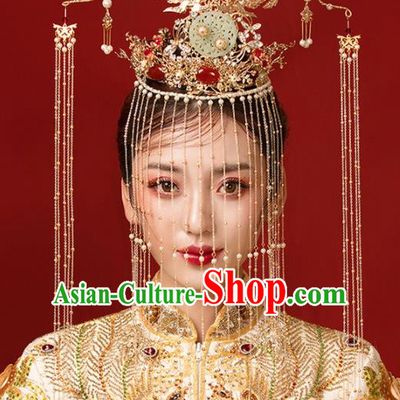 Chinese Ancient Bride Jade Phoenix Coronet Hairpins Traditional Wedding Hair Accessories for Women
