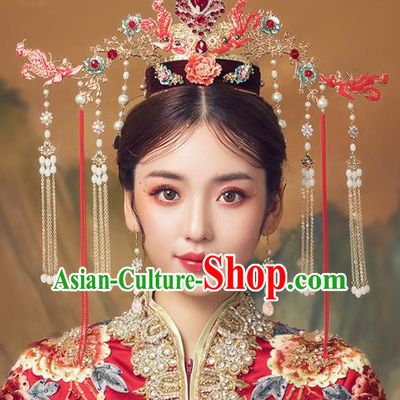 Chinese Ancient Palace Red Phoenix Coronet Hairpins Traditional Wedding Hair Accessories for Women