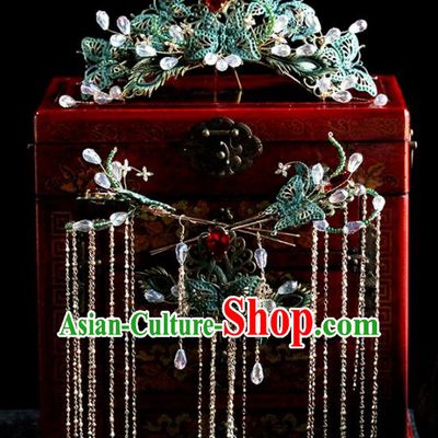 Chinese Ancient Palace Enamel Phoenix Coronet Tassel Hairpins Traditional Wedding Hair Accessories for Women