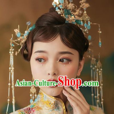 Chinese Ancient Palace Blue Flowers Phoenix Coronet Tassel Hairpins Traditional Wedding Hair Accessories for Women