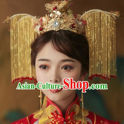Chinese Ancient Palace Bride Golden Phoenix Coronet Tassel Hairpins Traditional Wedding Hair Accessories for Women