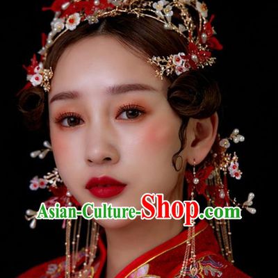 Chinese Traditional Palace Red Butterfly Tassel Phoenix Coronet Hairpins Ancient Wedding Hair Accessories for Women