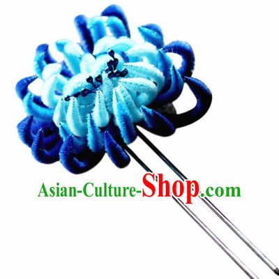 Chinese Traditional Palace Blue Velvet Flower Hairpins Ancient Wedding Hair Accessories for Women