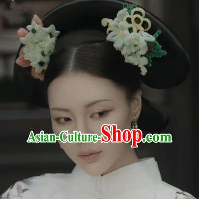 Chinese Ancient Palace Queen Green Velvet Flower Hairpins Traditional Hair Accessories Headdress for Women