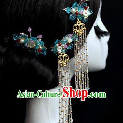 Chinese Ancient Palace Blue Flowers Hair Sticks Hairpins Traditional Hair Accessories Headdress for Women