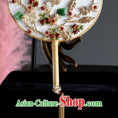 Chinese Handmade Classical Jade Leaf Palace Fans Wedding Bride Accessories Round Fan for Women