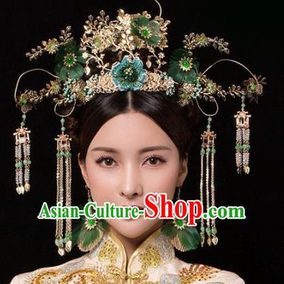 Chinese Ancient Palace Green Flowers Phoenix Coronet Hairpins Traditional Hair Accessories Headdress for Women