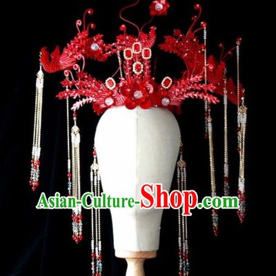 Chinese Ancient Palace Red Phoenix Coronet Hairpins Traditional Hair Accessories Headdress for Women